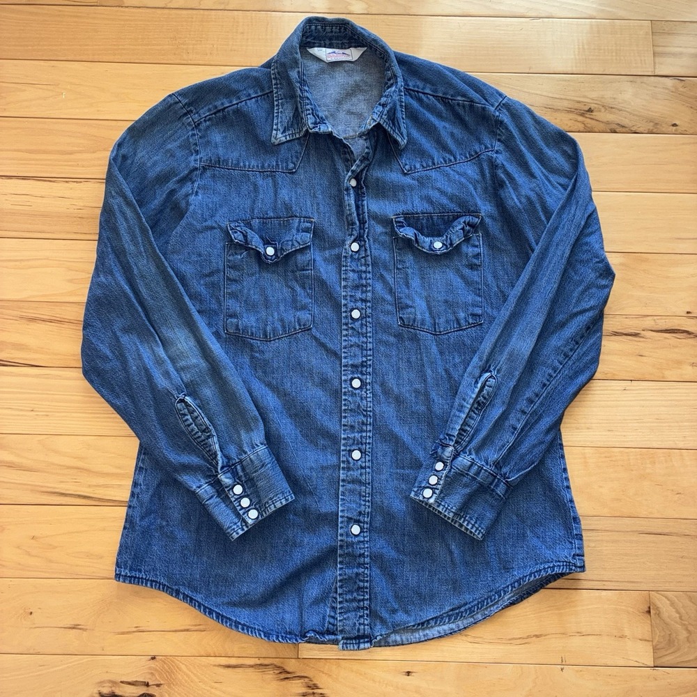 Vintage 80s Dakota Five Brother Denim Western Pearl Snap Shirt Mens Large USA